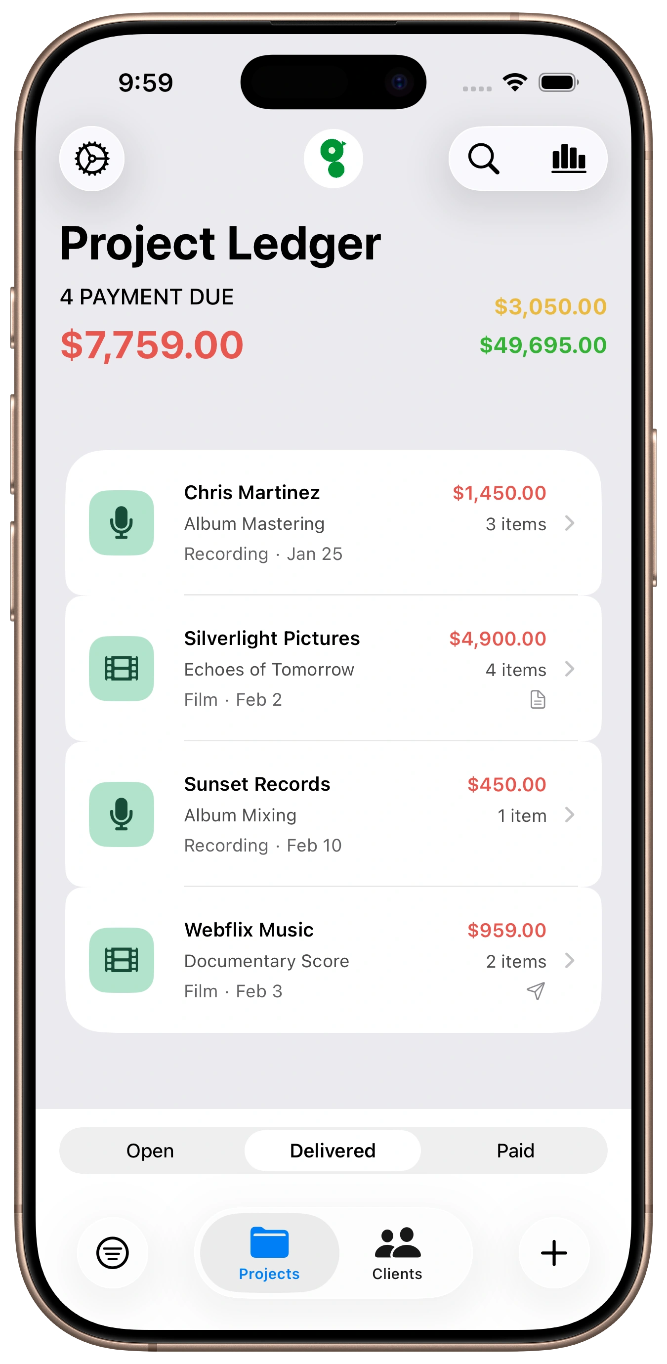 GigLedgerPro Dashboard showing delivered projects