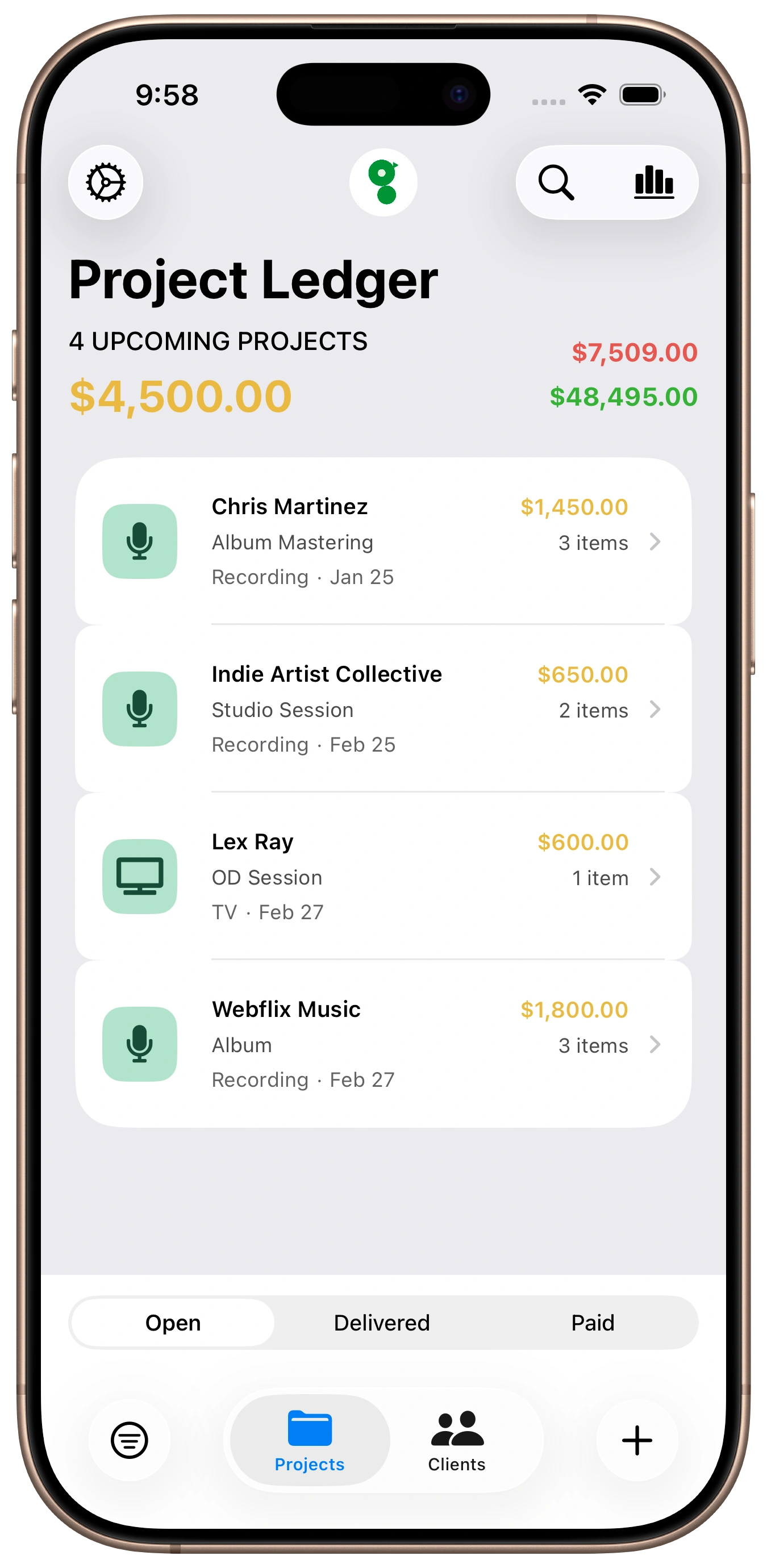 GigLedgerPro open projects list