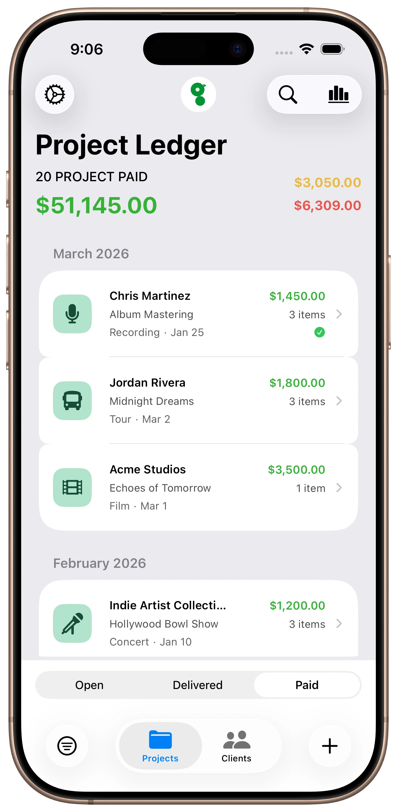 GigLedgerPro paid projects dashboard