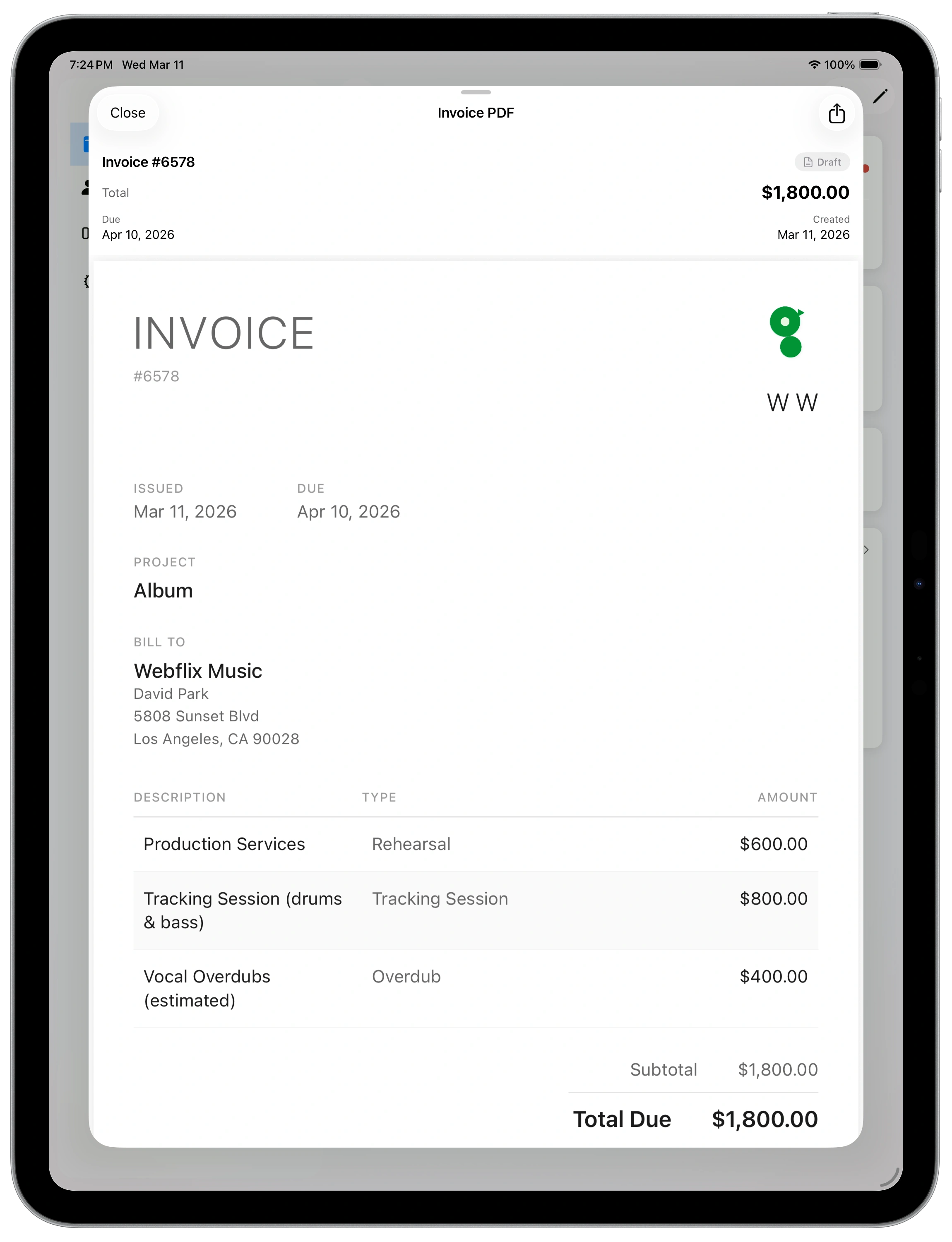 GigLedgerPro invoice PDF preview